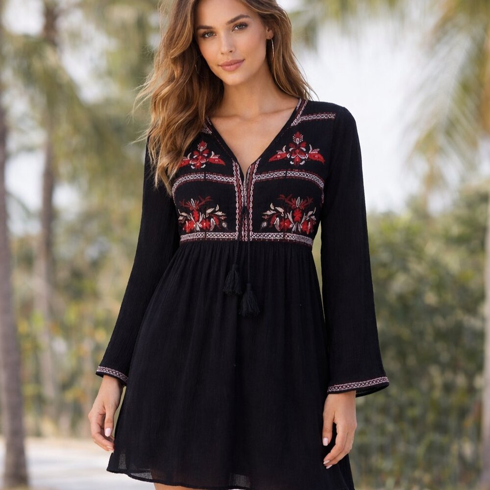 beachlunchlounge Peasant Embroidered Black Boho Mini Dress Size M